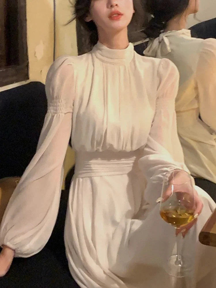 White Solid Vintage Party Midi Dress Women Puff Sleeve Slim Sweet Elegant Dress Ladies High-waisted French Style Chic Dress 2023 Viralgem Store