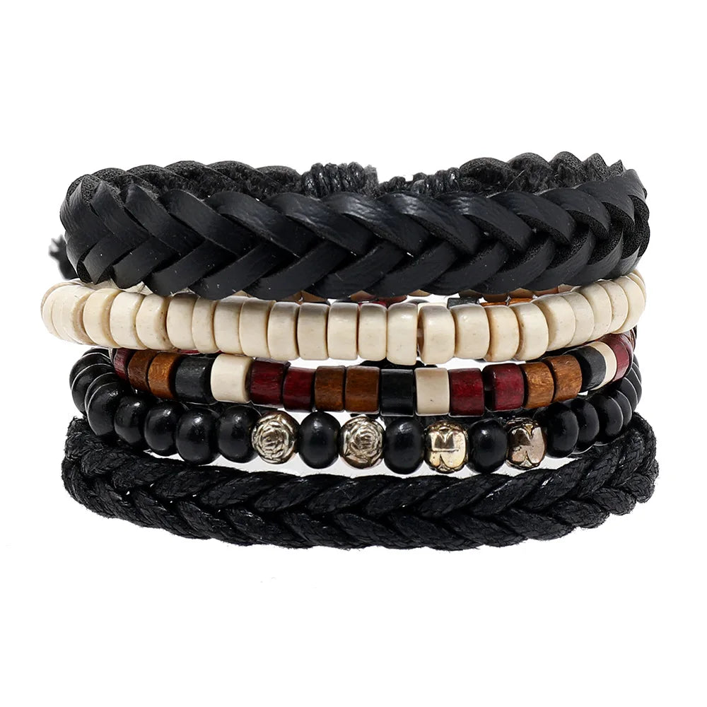 4Pcs/ Set Braided Wrap Leather Bracelets for Men Vintage Life Tree Rudder Charm Wood Beads Ethnic Tribal Wristband Rope Bracelet