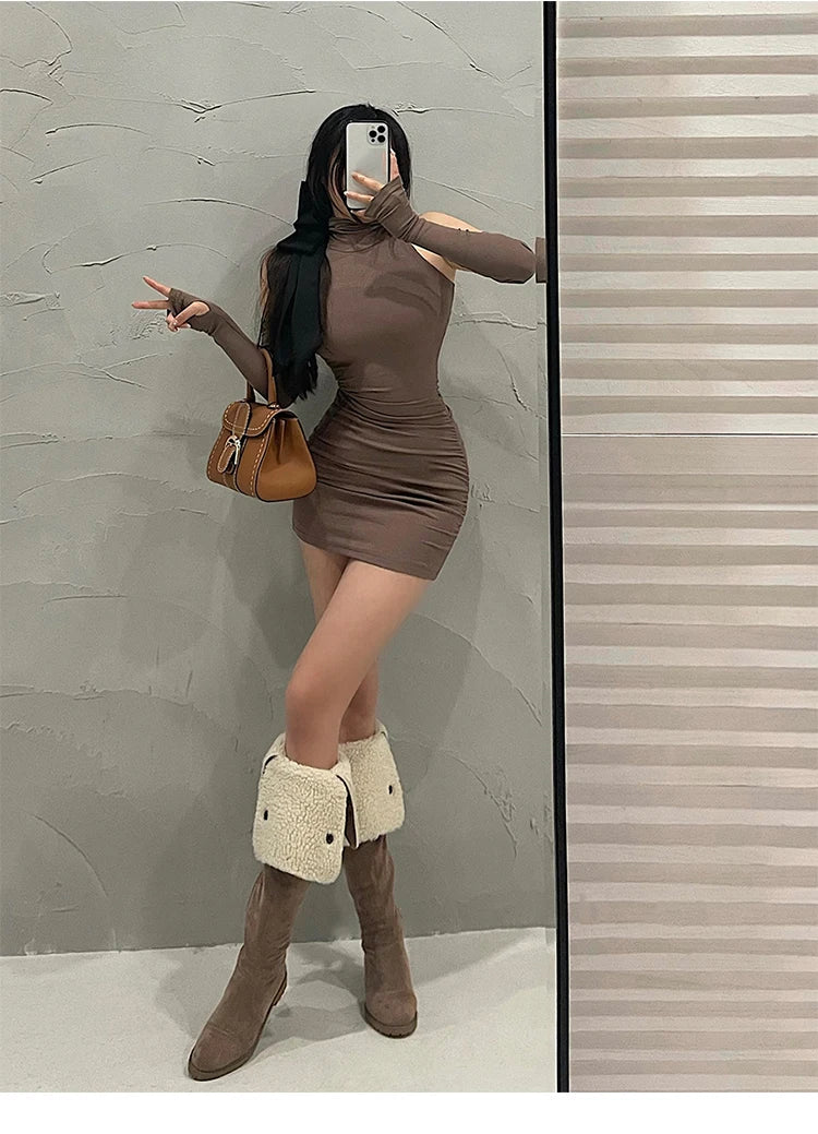 Summer Sexy High Neck Tight Dress Oversleeve Pleated Bottom Wrapped Hip Dress Women Bodycon Viralgem Store