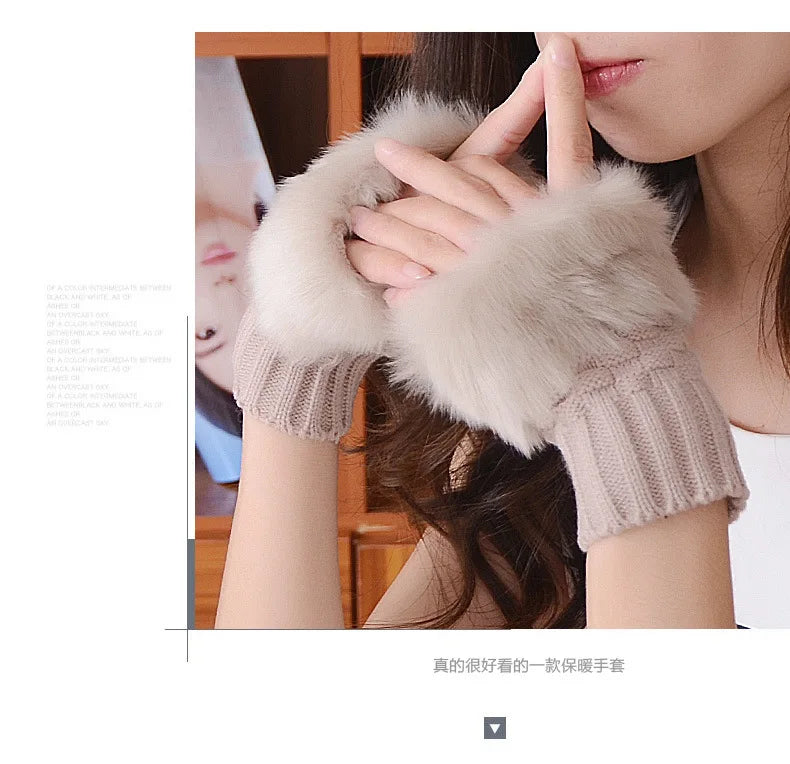Women Autumn Winter Keep Warm Plush Knitted Woolen Splicing Half Finger Gloves Cute Lovely Sweety Smooth Soft Writing Drive