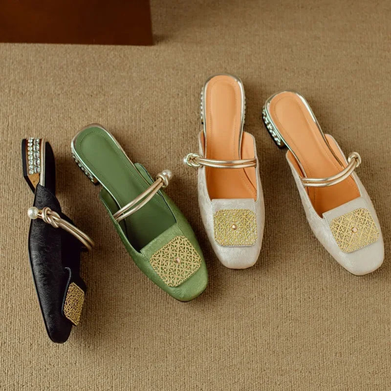 2024 Summer Elegant Sandals Women New Rhinestones Fashion Dress Half Slippers Baotou Women's Temperament Chinese Style Slippers