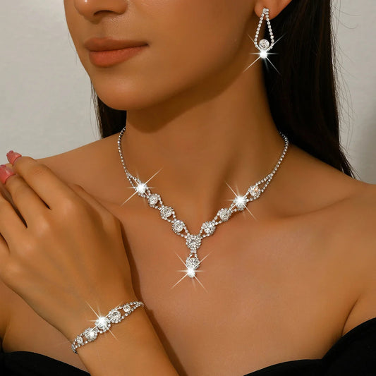 4PCS Fashion Elegant Crystal Jewelry Sets for Women Rhinestones Necklace Ring Earrings Bridal Wedding Party Jewelry Sets Viralgem Store
