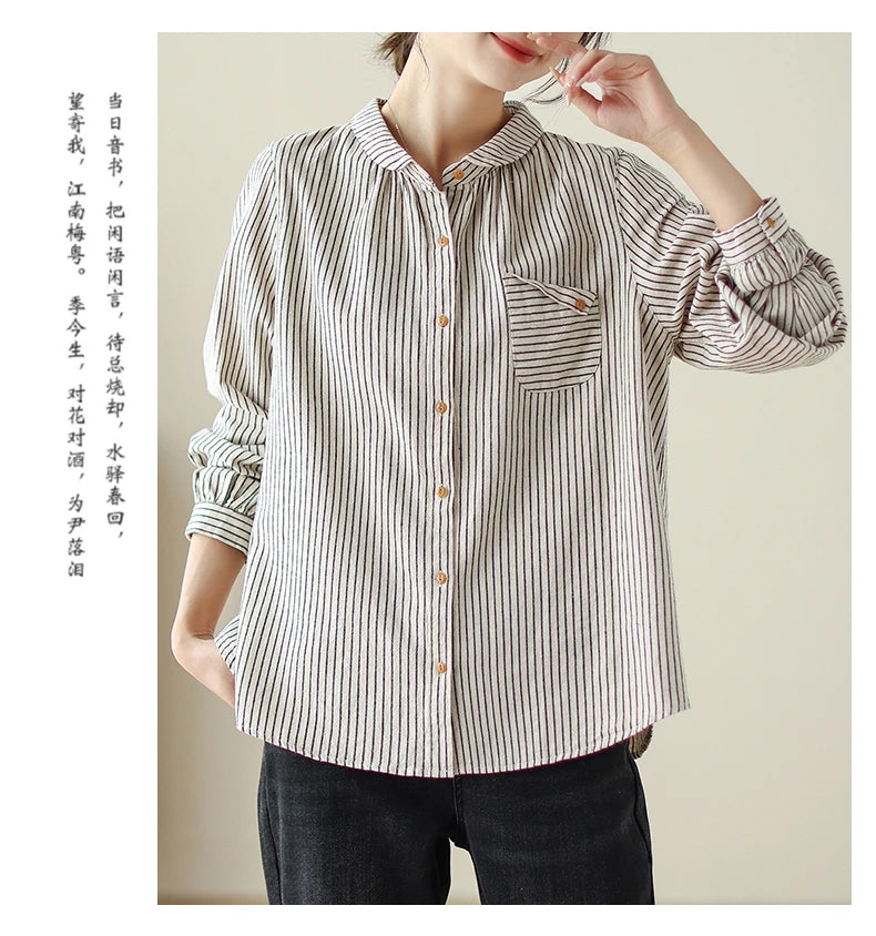 Women Long Sleeve Casual Shirt New Arrival 2024 Spring Korean Style Vintage Striped Loose Female Basics Cotton Tops Shirts B3254