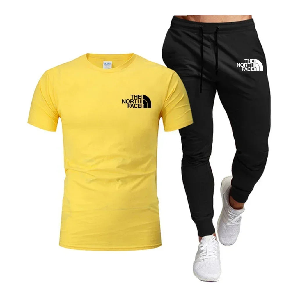 Summer 2025 Men Tops 100% Fashion Cotton Short Sleeve Long Sweatpants Streetwear 2 Piece Sets Men Clothing