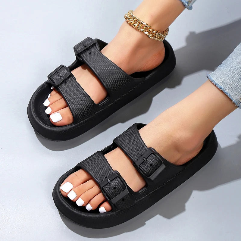Summer Slippers Double Buckle Slide Sandals Women Couple Home Slides EVA Thick Sole Light Weight Flip Flops Bothe Shower Shoes Viralgem Store