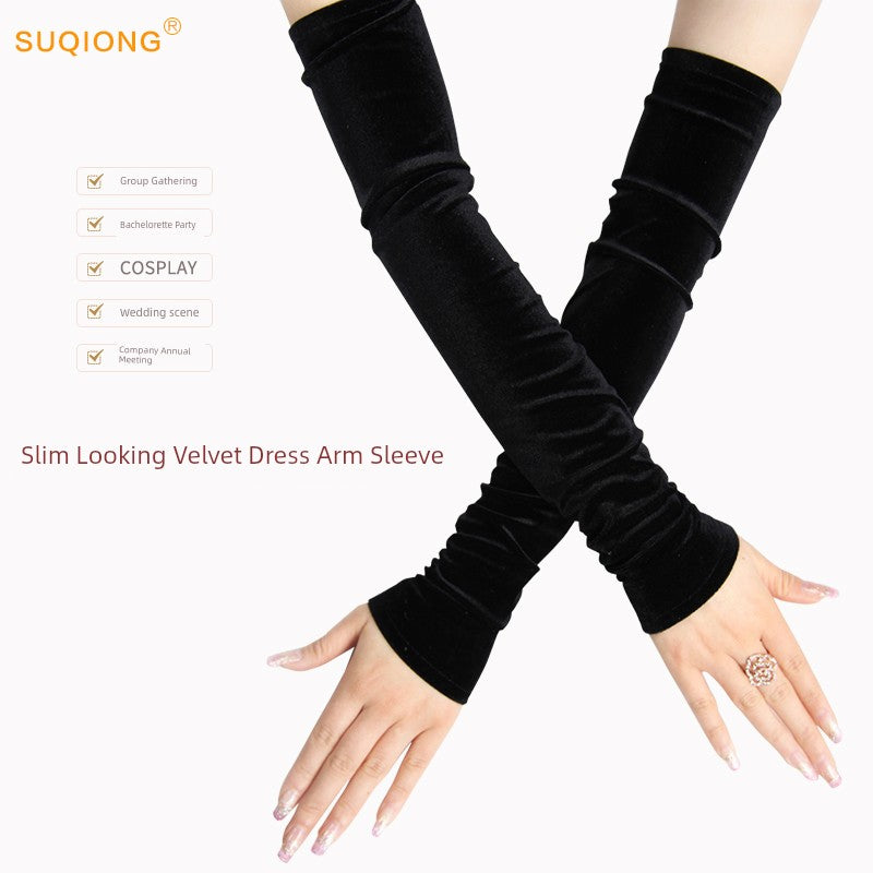 Women's Velvet Open Finger Black Oversleeve Leather Gloves