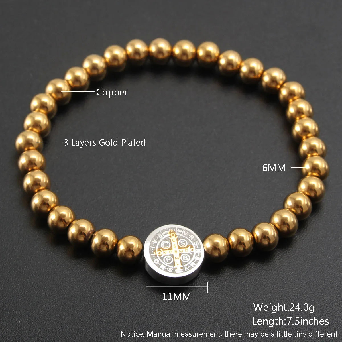 Stainless Steel San Benito Bracelet For Women Gold Color Metal St Benedict Cross Bracelet 6mm Bead Chain Pulseira