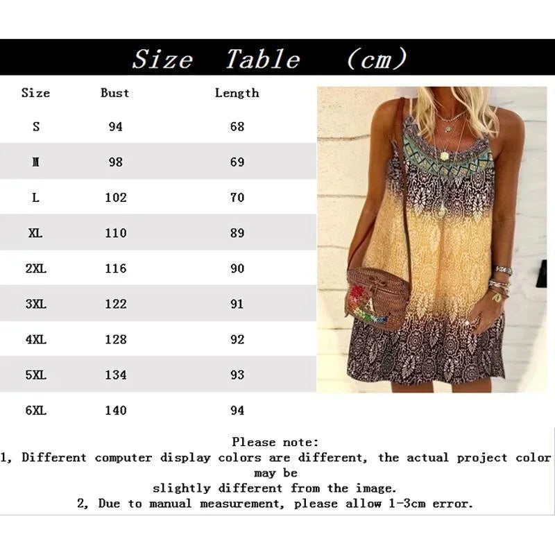 Women's Beach Dress Summer Fashion Plus Size 1XL-6XL Ladies Vintage Printed Casual Spaghetti Strap Loose Dress Boho Dress Robe Viralgem Store