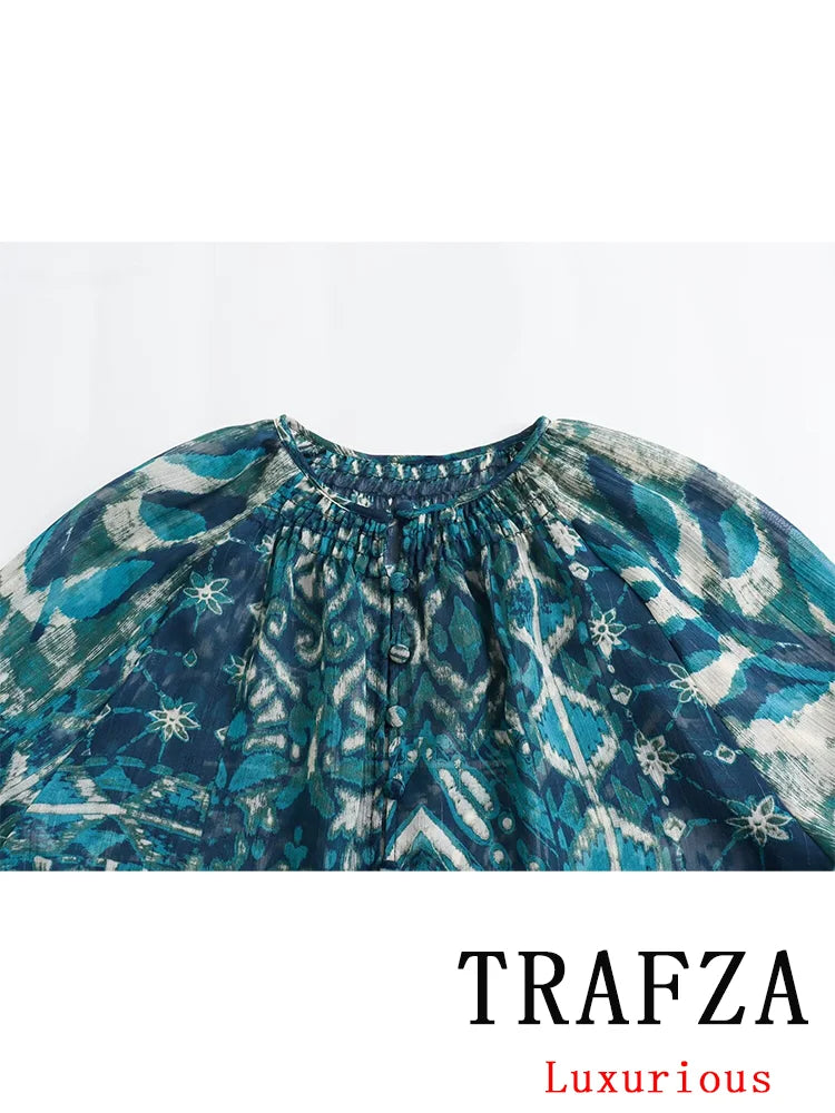 TRAFZA Vintage Casual Chic Print Women Suit O-Neck Single Breasted Blouse Loose Long Straight Skirt Fashion 2024 Boho Set