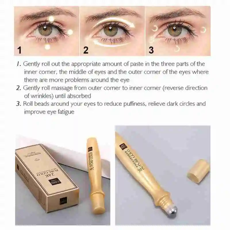 24K Gold Bright Eye Roller Eye Cream Hydrating Moisturizing Eye Serum Eye Care Dark Circles Removal Anti Eye Bags 15ml L2P8