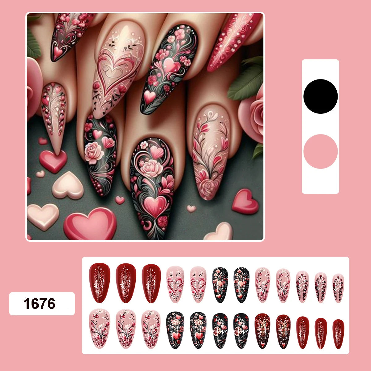 24pcs/set short Medium fake nails square ballet almond nail tips pink beautiful heart for Valentine's Day press on false nails