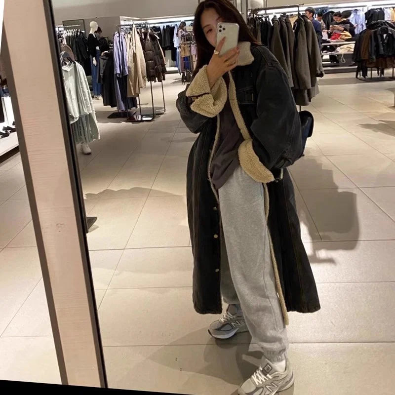 2023 Winter Lamb Wool Denim Coat Women Mid length Style Loose Temperament BF Slim and Thickened Warm Fried Street Cotton Coat