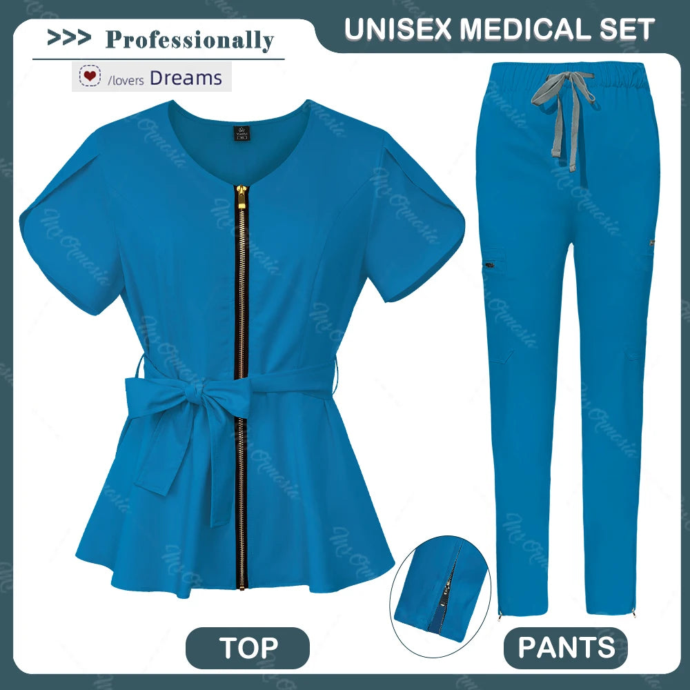 Women Scrubs set,zipper collar beauty clothes,high quality anti wrinkle medical uniforms,soft comfortable fashion nurse workwear