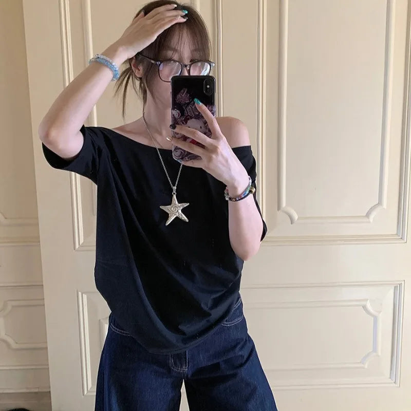 T-shirts Women Niche Design Off Shoulder Solid Short Sleeve Summer Chic Loose Casual Daily Simple Sexy Korean Trendy Street Tops Freshlook Styles