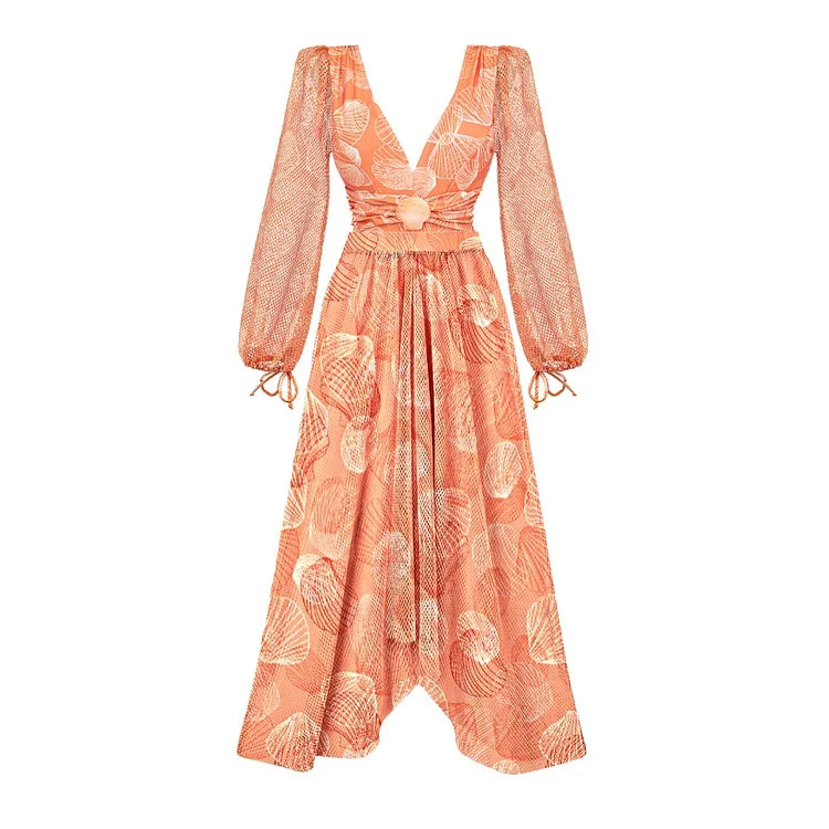 2024 V Neck Shell Print Decor Long Sleeve One Piece Swimsuit and Skirt  Clearance Wholesale Bodysuit Dress