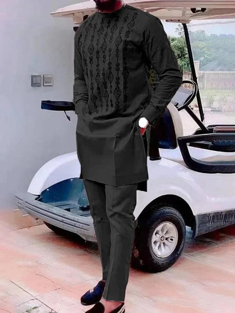 Two Pieces Set Men African Suit Long Sleeve Round Collar Print Shirt Pants Africa Traditional Wedding Party Outfits Slim Suits Viralgem Store