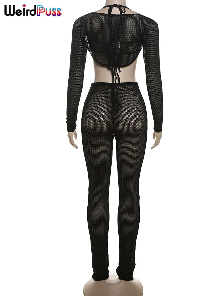 Weird Puss Summer Trend 3 Piece Set Women Spike Mesh Crop Tops+Bandage Bra+Leggings Tight Matching Vacation Streetwear Outfits Viralgem Store