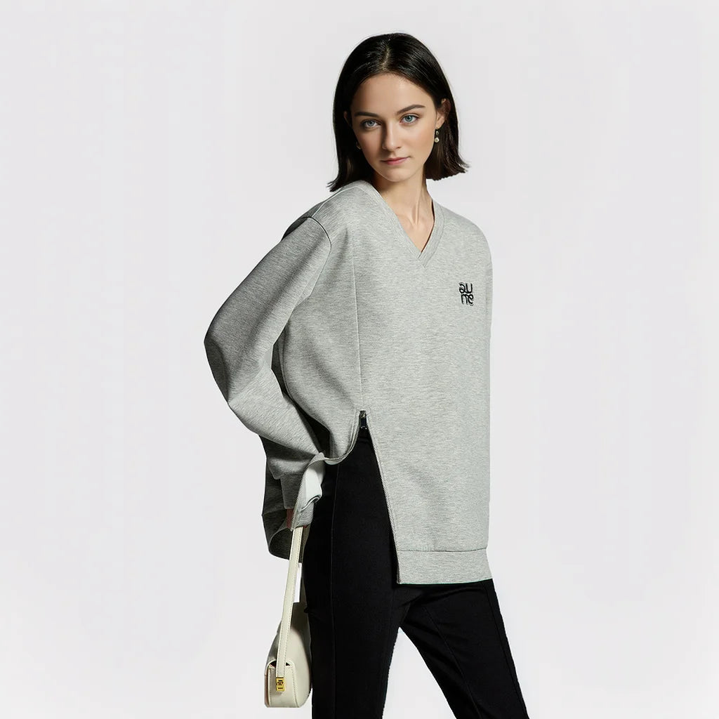 Toyouth Women Sweatshirts 2024 Autumn Long Sleeve V Neck Loose Hoodie Unique Zippered Split Hem Casual Chic Pullover Tops