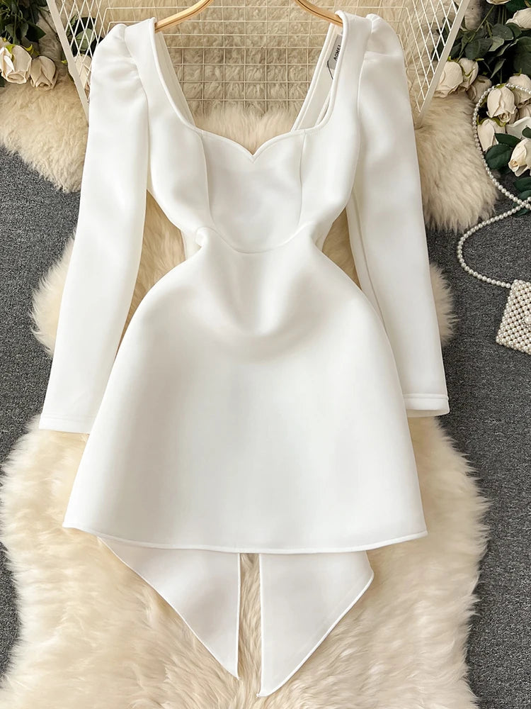 XFPV Female Dress Square Collar Solid Puff Sleeve Backless Bow High Waist Elegant Fashion Vestidos Spring Autumn2024 SM9457