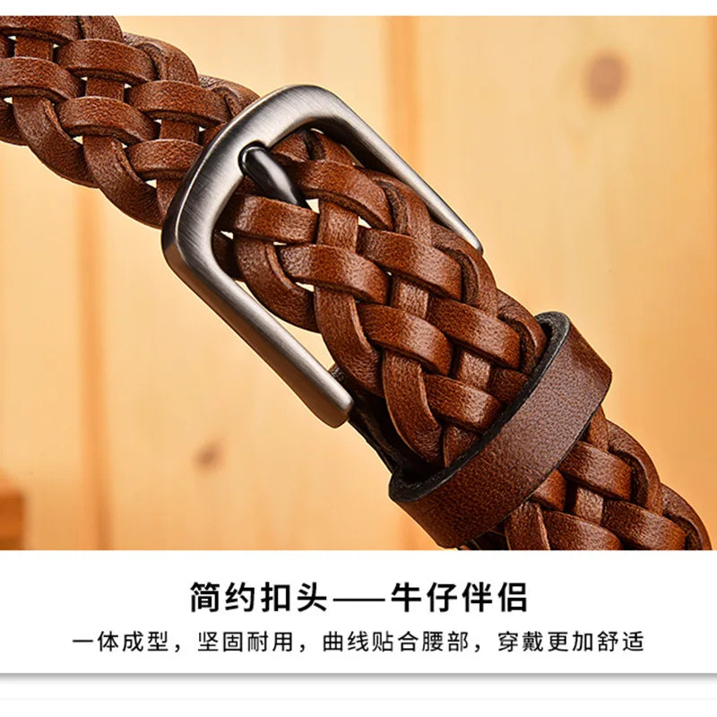 2023 Women Casual Luxury New Style Width 2.5cm  Woven Belt Needle Buckle Real Leather Head Layer Cowhide Handmade Decorative