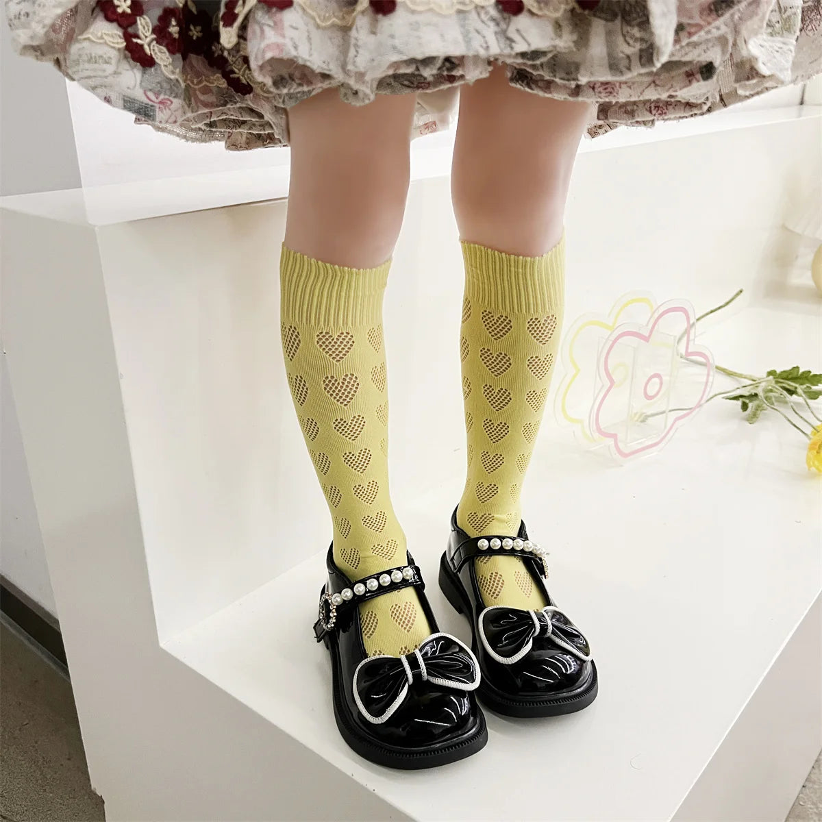 1/4 pairs of girls' dopamine heart hollow  mesh straight socks, lightweight  breathable heart mesh socks, women's long tube