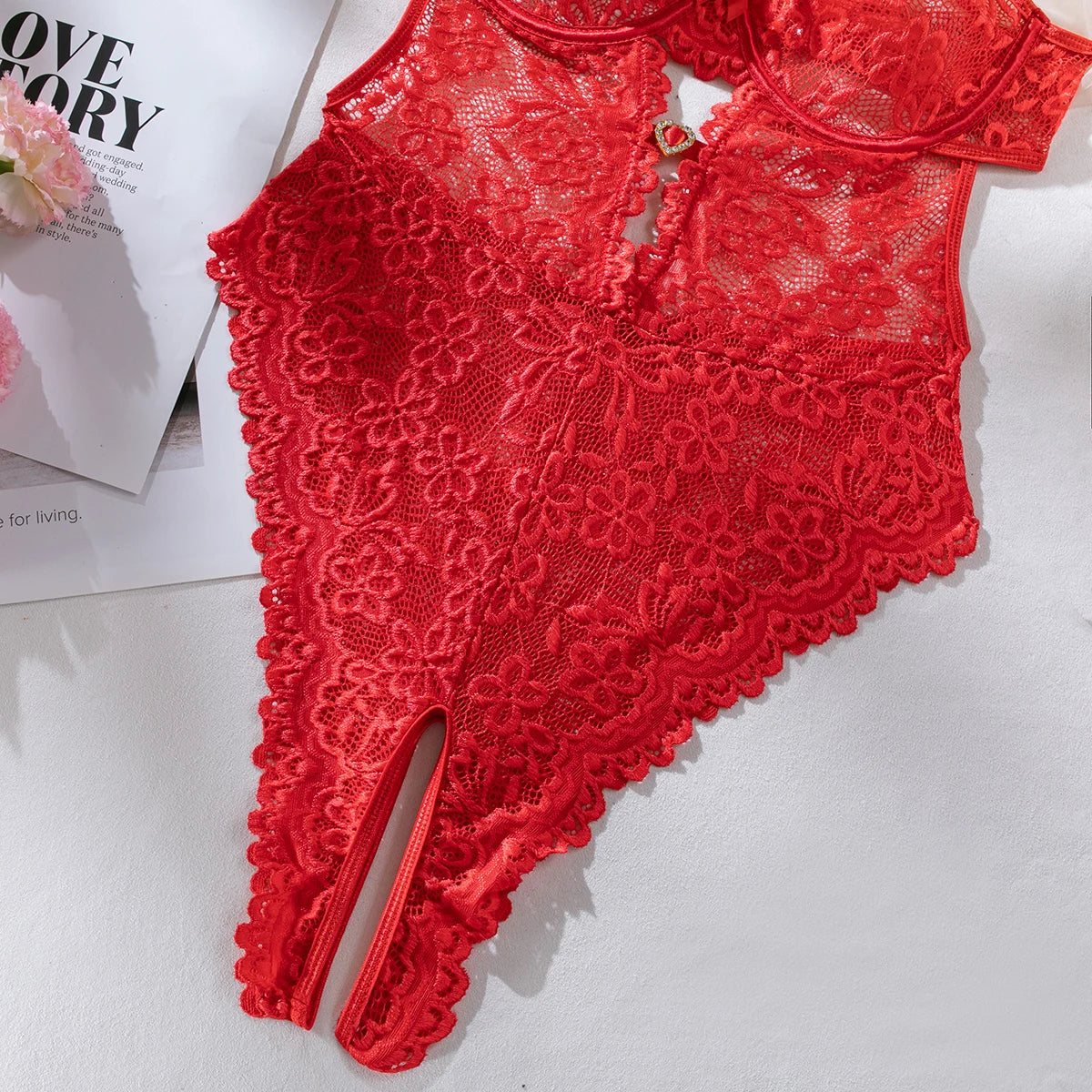 Yimunancy Lace Lingerie Set Women 2-Piece Red Backless Bodysuit Mesh Ball Gown Bow Panty Intimates Valentine Day