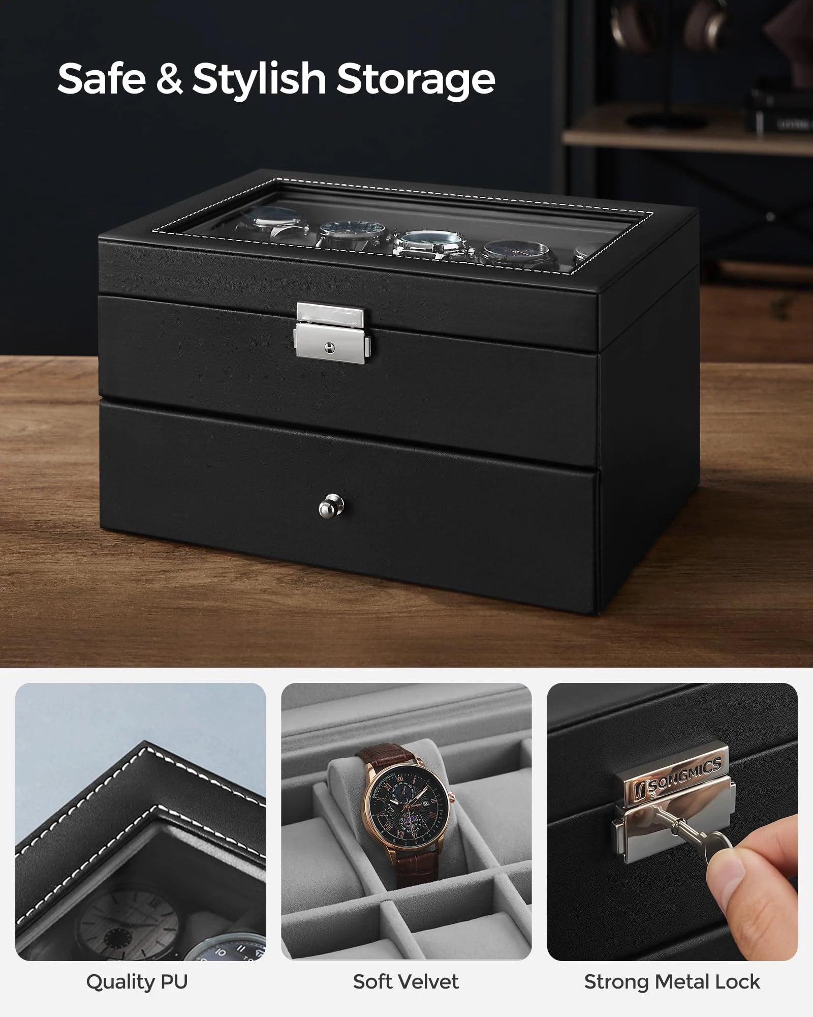 20-Slot Watch Organizer Case, Watch Case with Glass Lid, 2 Layers, Lockable Watch Display Case, Black Synthetic Leather, Gray Viralgem Store