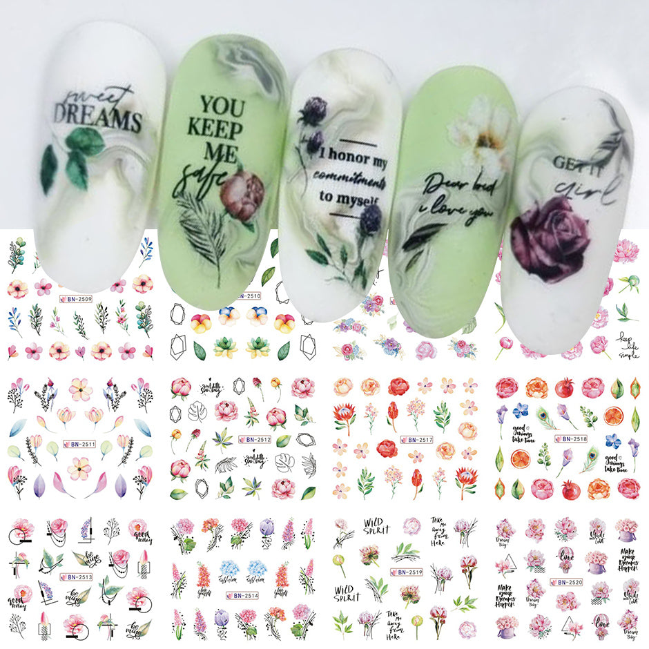 12 Design Floral Nail Art Stickers Water Decals Transfer Summer Painting Flower Leaf Rose Manicure Decoration Nail Sliders Wraps