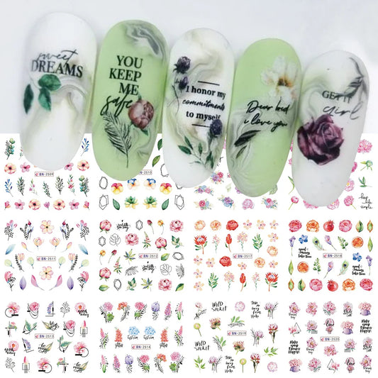 12 Design Floral Nail Art Stickers Water Decals Transfer Summer Painting Flower Leaf Rose Manicure Decoration Nail Sliders Wraps