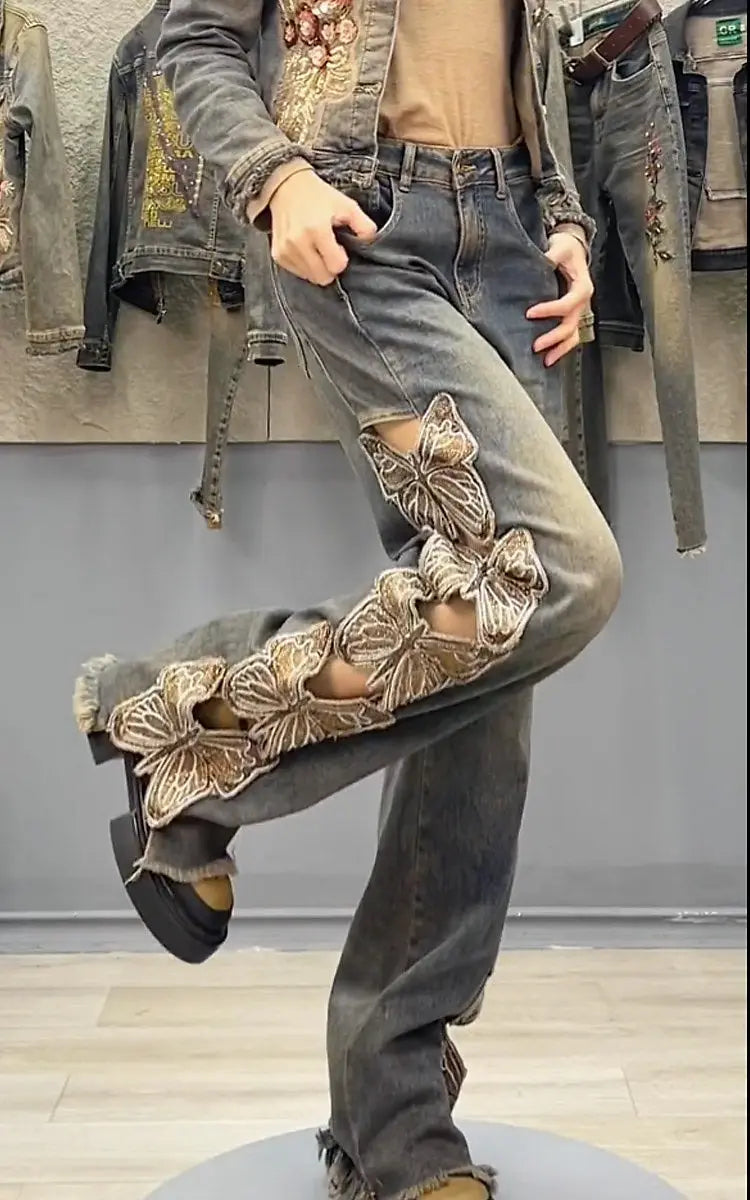 Summer Y2K Streetwear Harajuku Butterfly Decoration Denim Pants Women's High Waist Embroidery Loose Straight Hole Ripped Jeans
