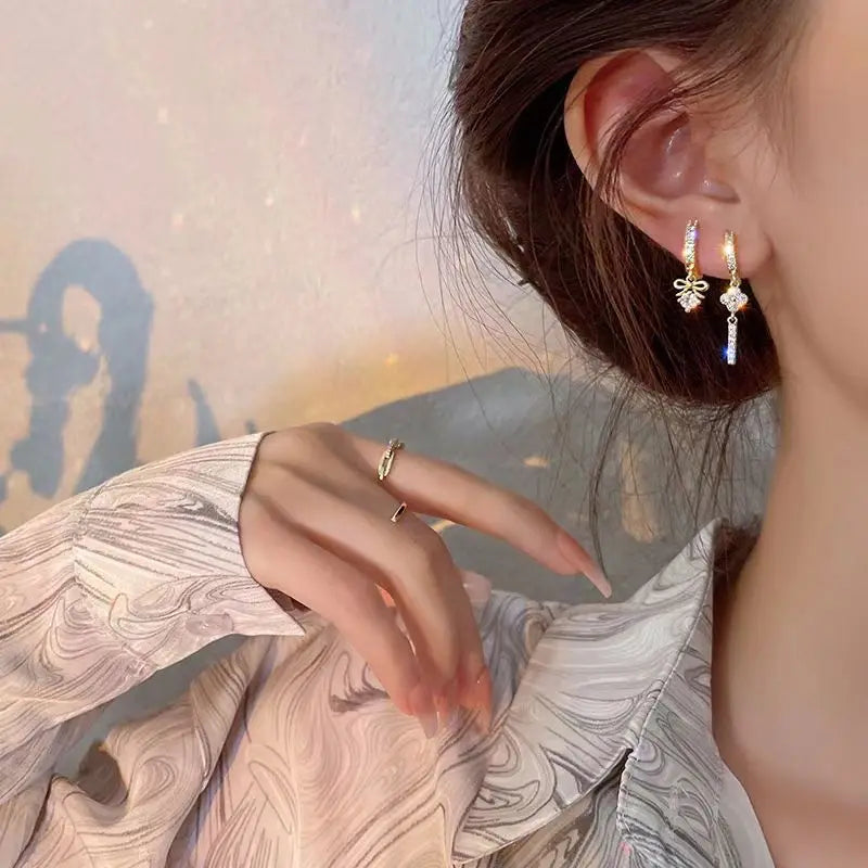 6Pcs/Set New Gold Color Geometric Pendant Hoop Earrings for Women Crystal Star Heart Bow Drop Earring Cartilage Piercing Jewelry