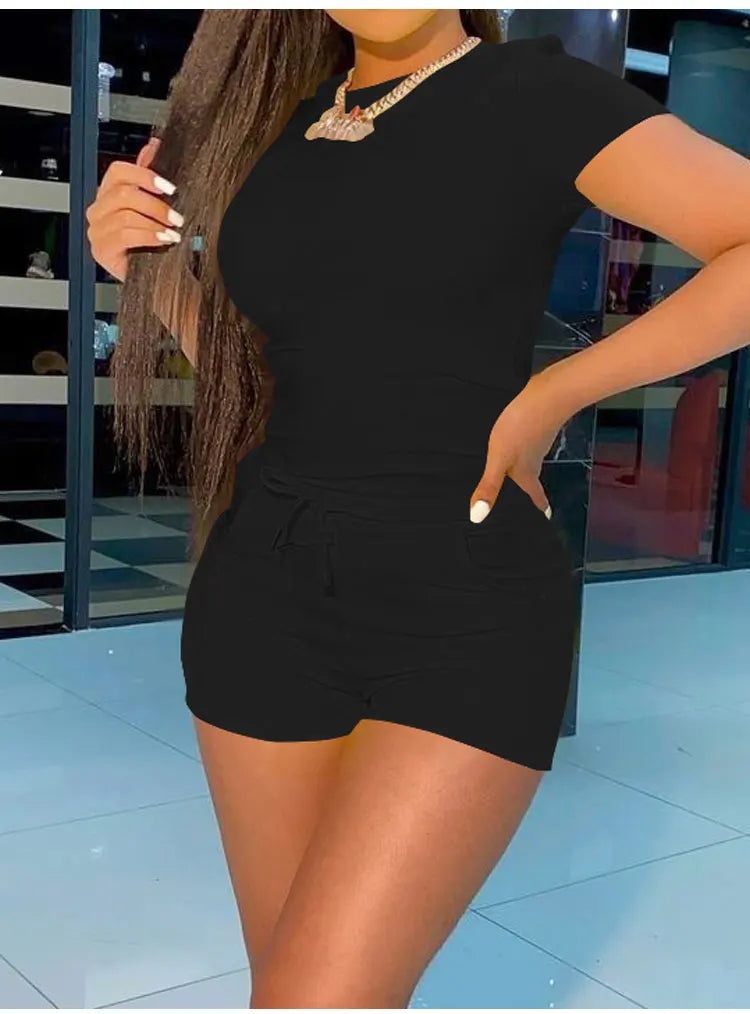 Summer Solid Color Casual Retro Suit Women's Short-sleeve T-shirt Top&High Waist Drawstring Shorts Two-piece Set