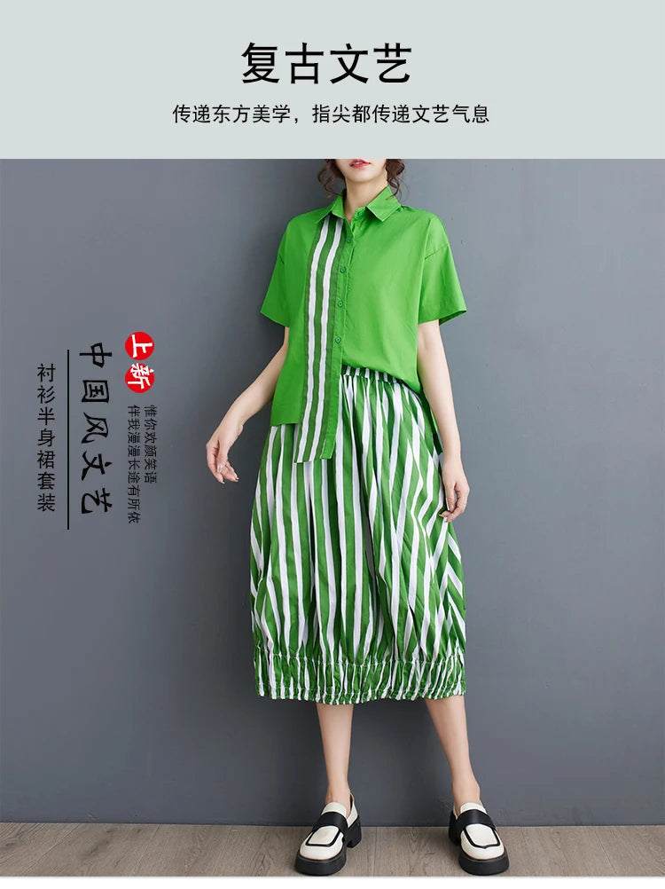 Summer Striped Print 2 Two Piece Set Women Irregular Patchwork Fashion Ladies Cropped Shirts Loose Casual Pleated Woman Skirts Viralgem Store
