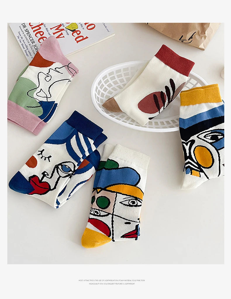 5 Pairs Personality Tide Socks Graffiti Socks Funny Korean Version Sports Couple Socks Harajuku Style Colorful Cute Flower Socks