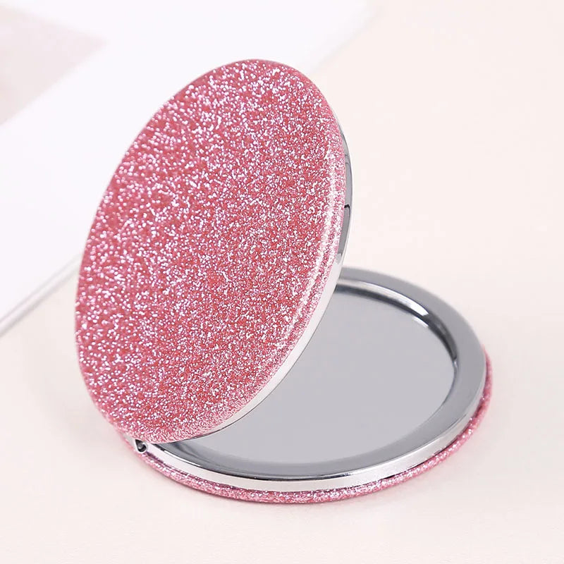 1pc Portable Glitter Round Makeup Mirror Hand Pocket Folding Cosmetic Mirror Double Face Make Up Mirror