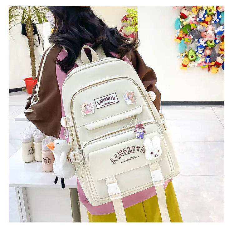 5-piece Set of Free Pendants Forest Style Korean Version Casual Harajuku Student Backpack for High School Girls Large Capacity Viralgem Store