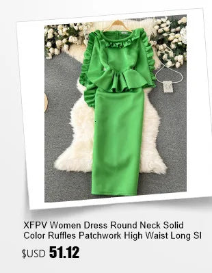 XFPV Female Dress Square Collar Solid Puff Sleeve Backless Bow High Waist Elegant Fashion Vestidos Spring Autumn2024 SM9457