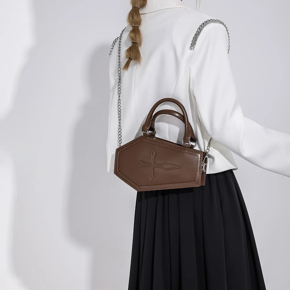 Women Crossbody Bag Large Capacity Coffin Shape Phone Shoulder Bag Halloween PU Top Handle Bag for Travel Make Up Cosmetic Bag