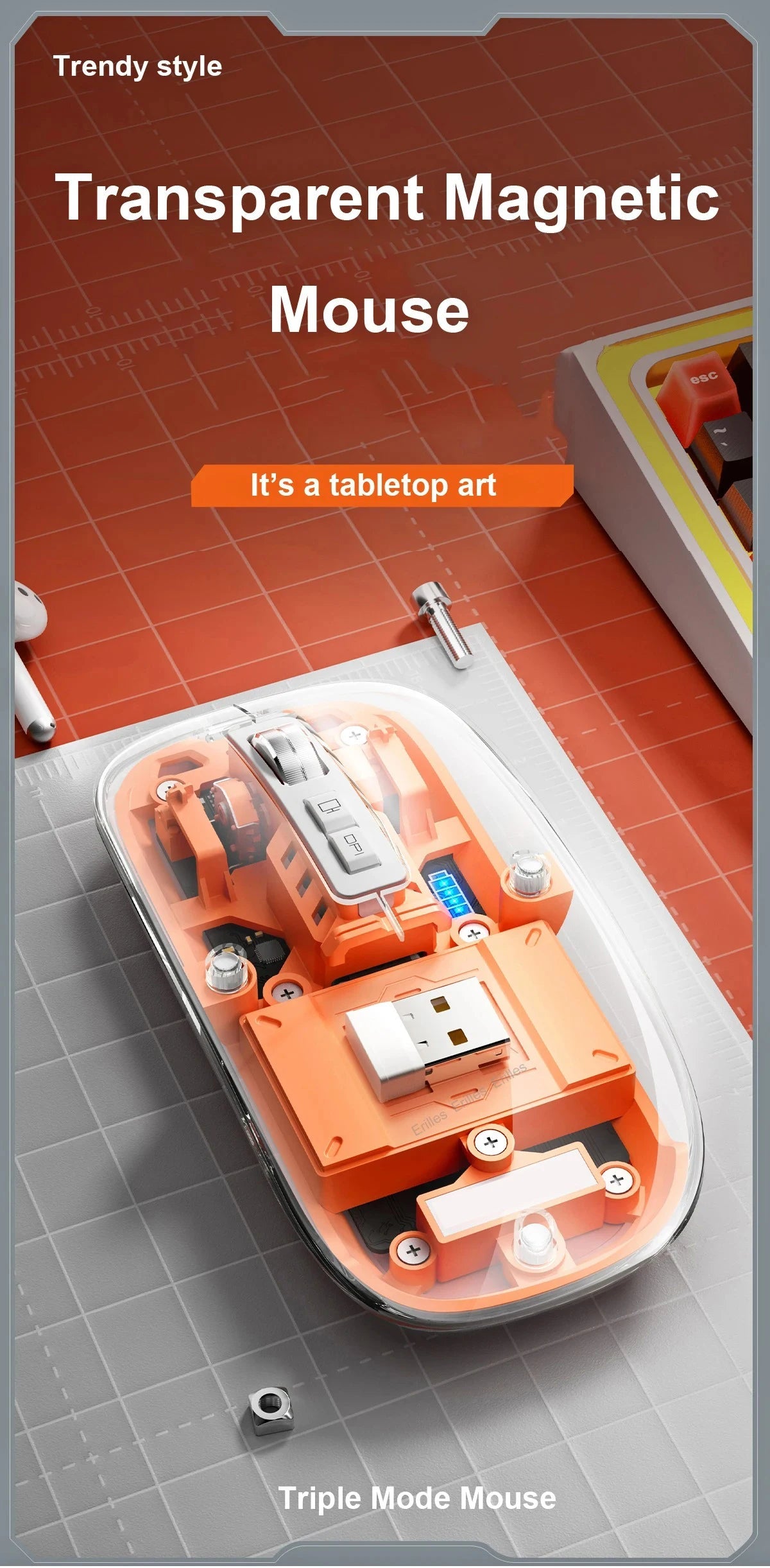 Transparent Magnetic Triple Mode Bluetooth compatible 2.4G Wireless Mouse One-Click Desktop Type-C Rechargeable Silent Mice Mute Viralgem Store