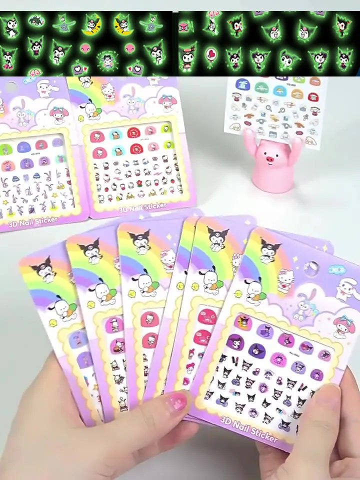 5pcs/set Children Cartoon Luminous Nail Stickers Sanrio Hello Kitty Melody Kuromi Glow In The Dark Adhesive Slider Manicure Deca