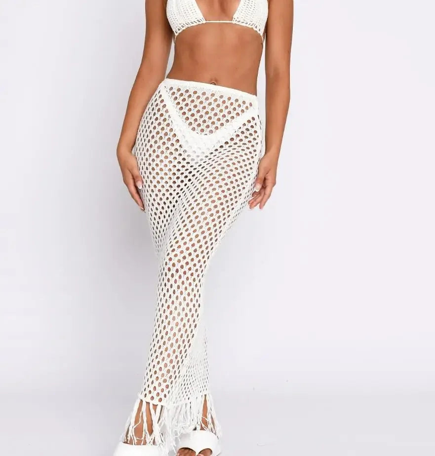 Yiiciovy Women's Sexy Holiday Bikini Cover-Ups Beach Hollow Out Fishnet Tassels Skirts Sexy Lady See Through Beach Long Skirts