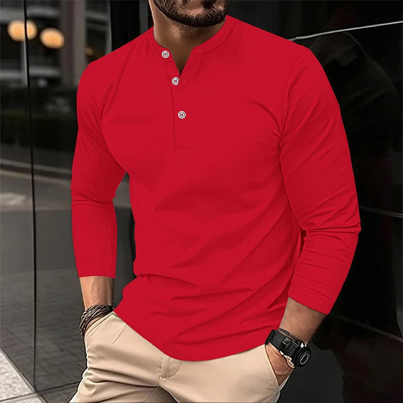2025 Men's Summer Long Sleeve Henry Polo Casual Breathable Comfortable Polo Shirt Solid High Quality Male T-Shirt Dropshipping Viralgem Store