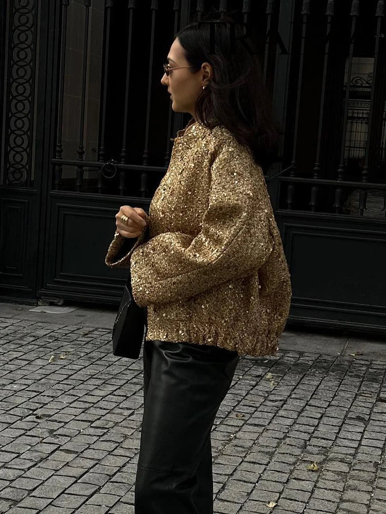 TRAFZA Women Trend Gold Sequin Decoration Loose Short Jacket Woman New Fashion Coat Versatile Warm Chic And Elegant Female Coats Viralgem Store