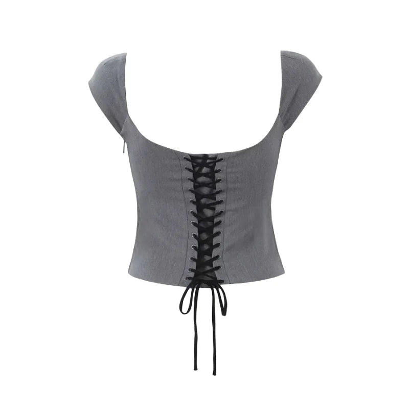 Women Square Neck Rowena Grey Lace Back Corset