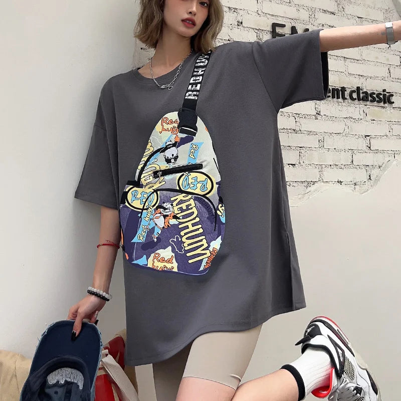 Summer Y2k Clothes New Messenger Bag Printed Pocket Zipper T-shirt Women Europea Style Casual Large Size Couple Casual Tees Tops