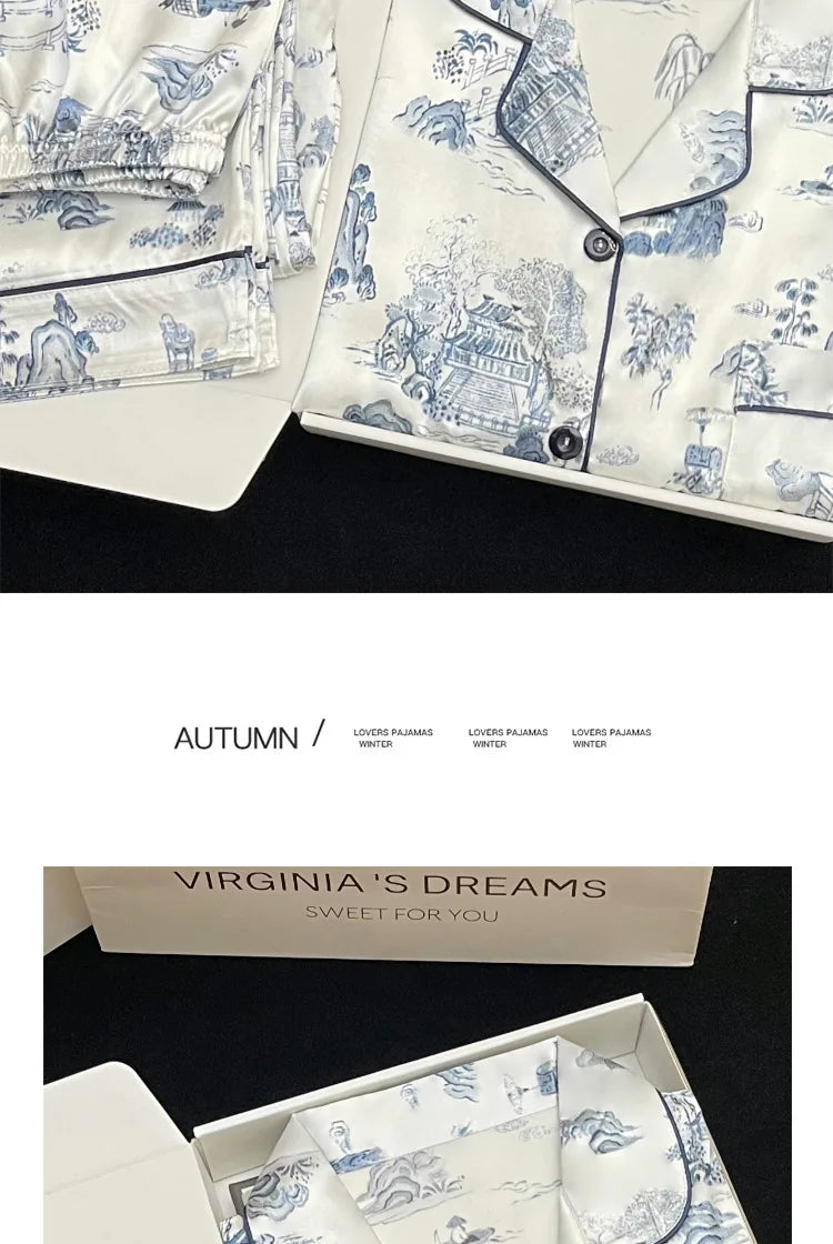 Women's Pajamas Sets Spring Autumn 2 Piece Paint Print Pyjama Faux Silk Satin Sleepwear Long Sleeve Pijama Mujer Pjs Homewear