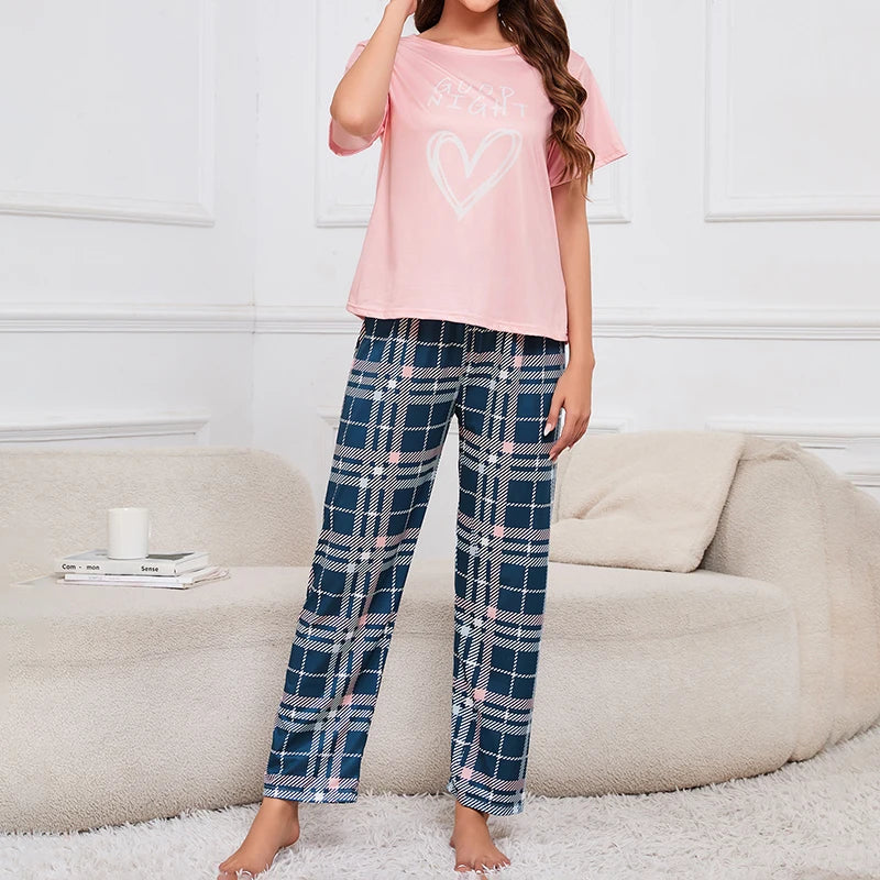 3-Piece Women's Checkered Printing Pajamas Set Soft & Comfy Crew Neck Tee Elastic Shorts & Lounge Pants Sleepwear Home Clothing