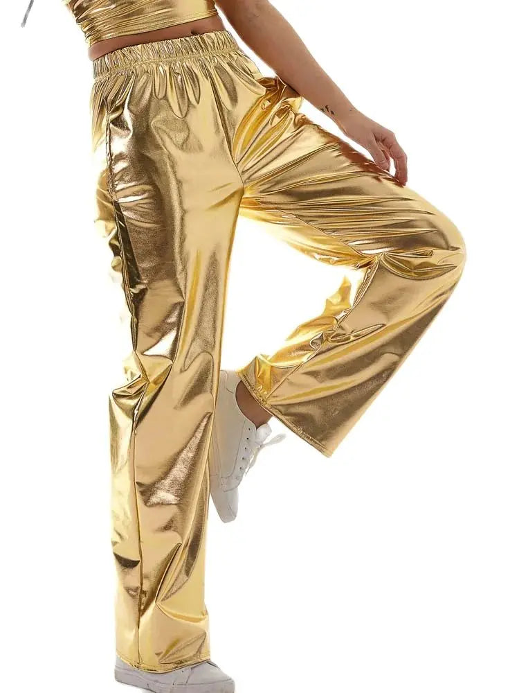 Women Adult Shiny Straight Leg Pants Casual High Waist Metallic Pants Super Long Holographic Pants Disco Bottoms Viralgem Store