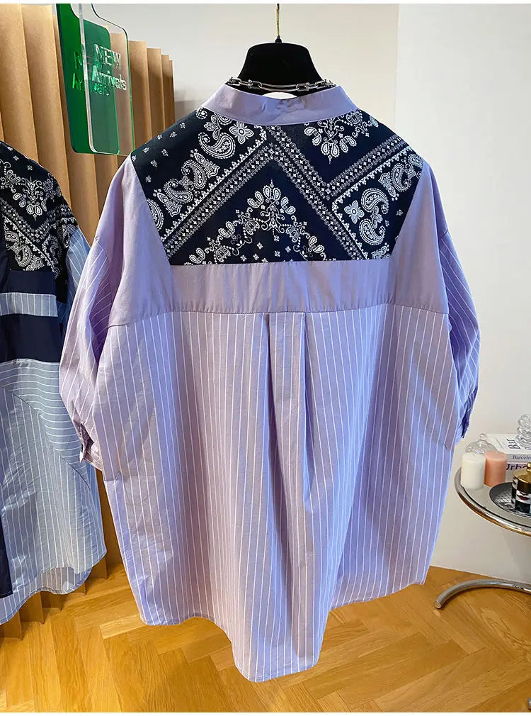 Striped Short-sleeved Shirt Women 2025 Summer Autumn New Stitching Printed Cotton and Linen Retro Loose Casual Blouses Top Freshlook Styles