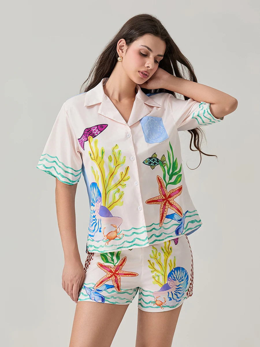 Women 2 Piece Shorts Outfits Ocean Print Button Short Sleeve Lapel T-Shirt and Elastic Shorts Club Streetwear Clothes Pjs Lounge